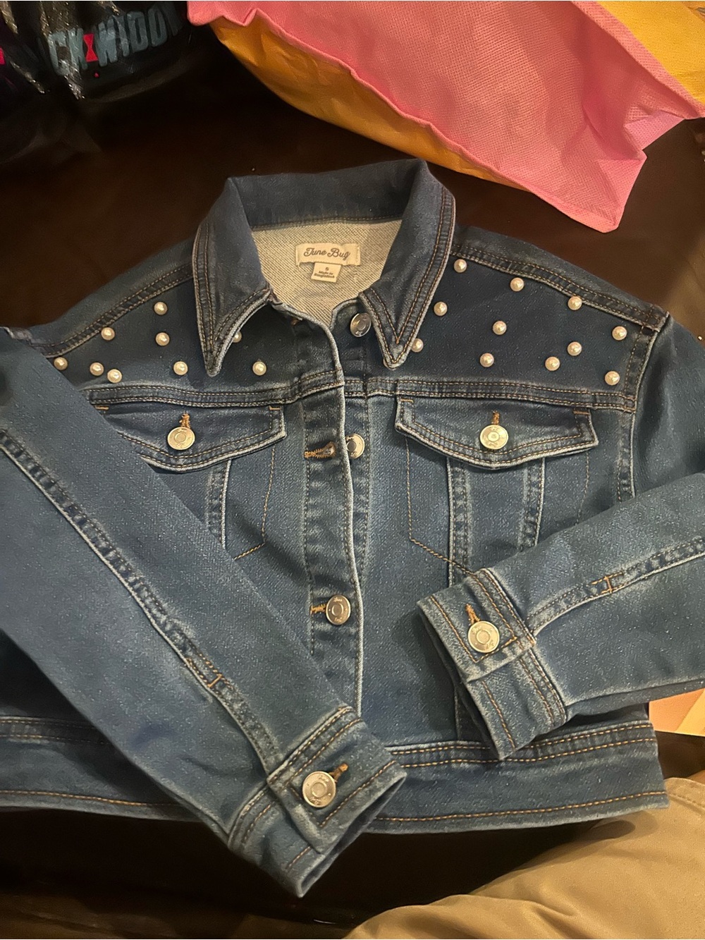 Denim Pearl-Studded Jacket - Blue